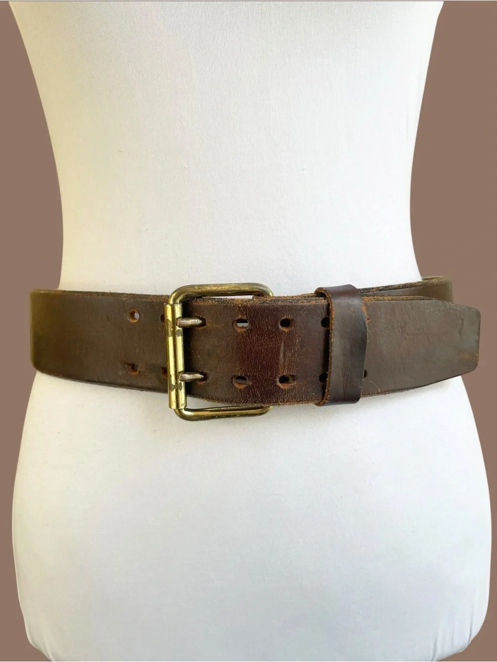 Vintage Brown Leather Double-Prong Belt Wide Waist Boho 90s Size S/M